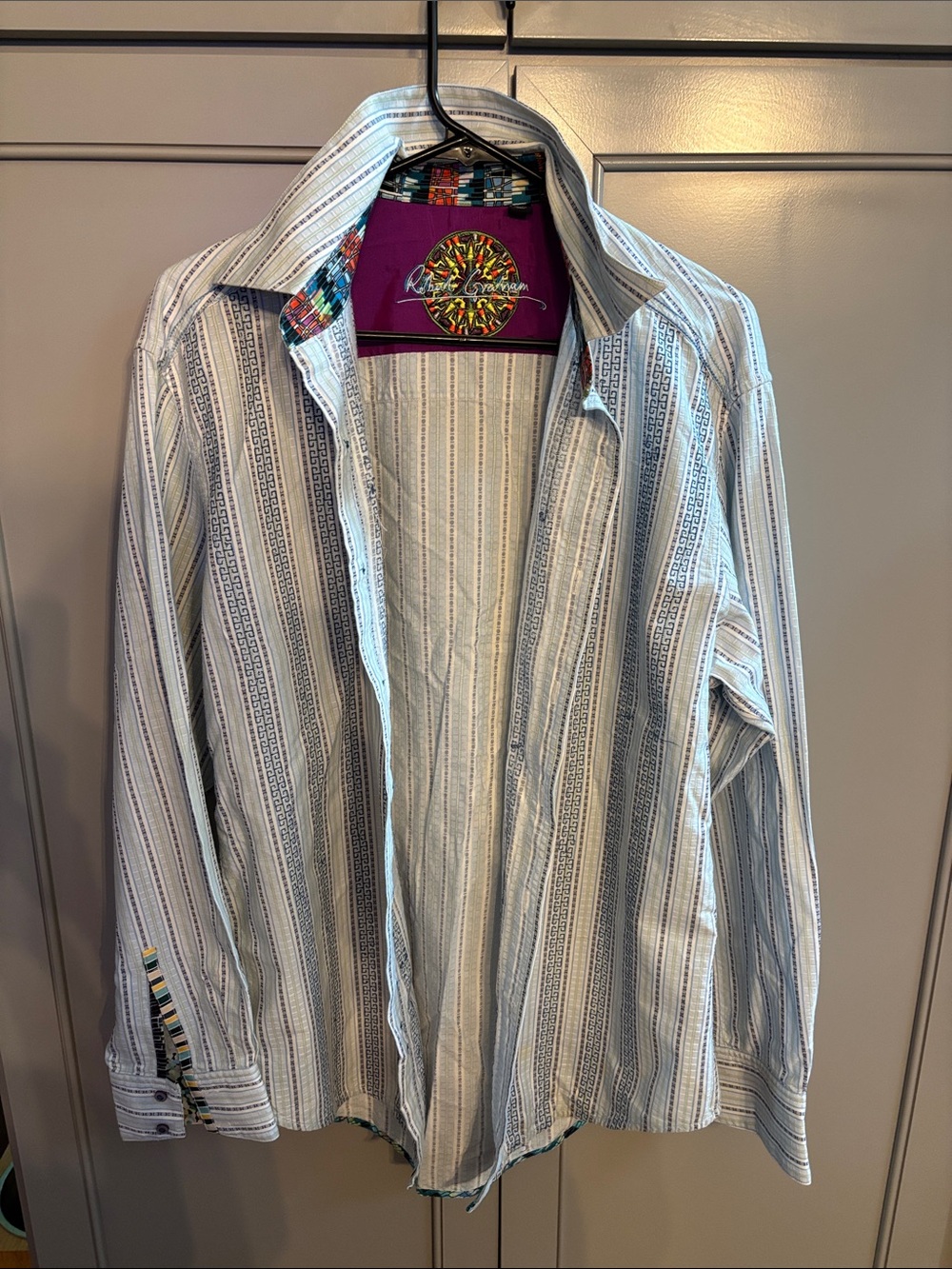 Robert Graham Vertical Striped Dress Shirt with Colorful Trim L